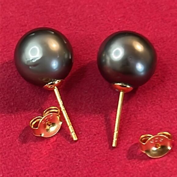 Tahitian Pearl in Vermeil Yellow Gold over 925 Silver Stud Earrings 8-9mm - Picture 9 of 12